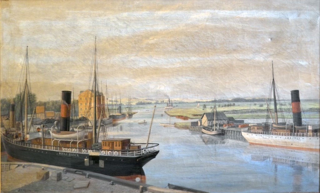 DFDS-passagerdampskibe i Randers havn: NIELS BROCK, bygget 1881 i Malmö, og EXPRES, bygget 1883 i Flensburg. Foto: Maleri af K. G. Klausen 1908